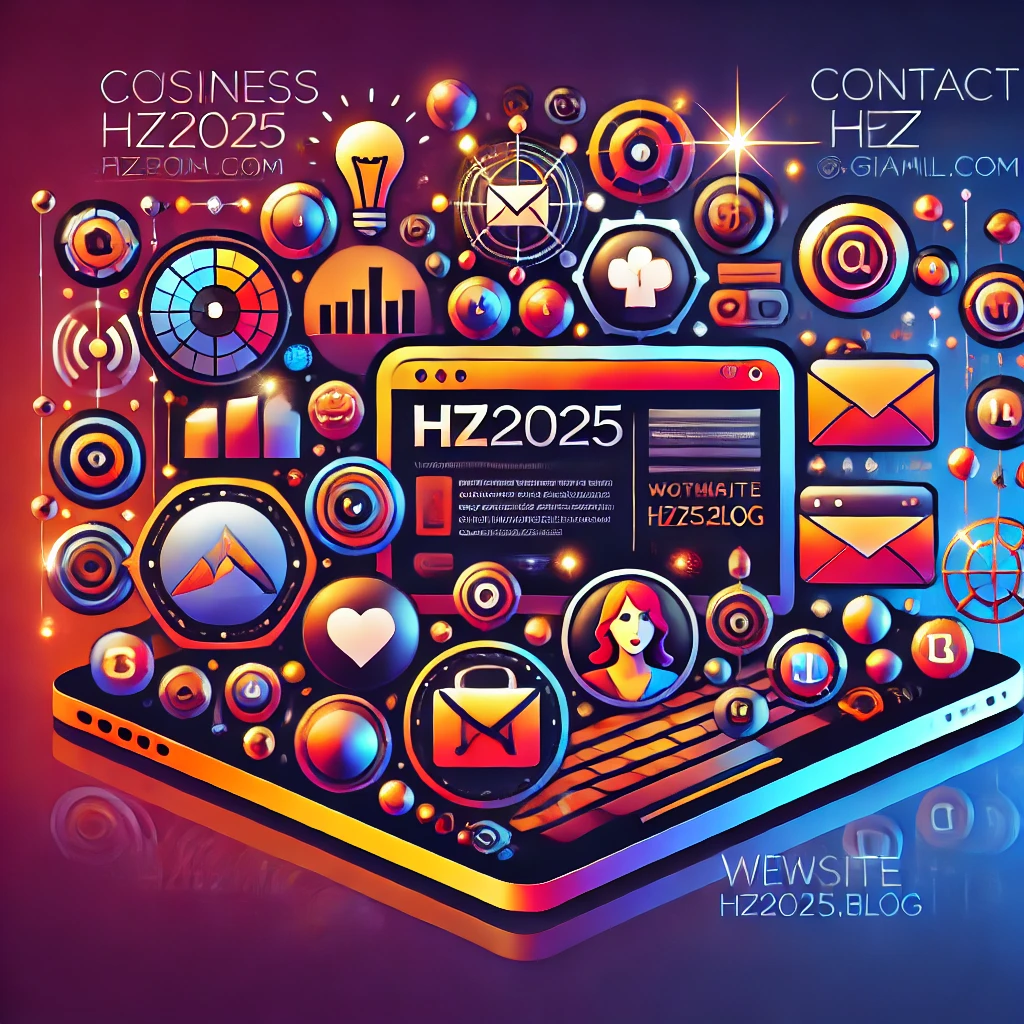 Vibrant design representing a multi-niche website with icons for business, technology, news, celebrities, and fashion. Includes email 'contacthz2025@gmail.com' and website 'hz2025.blog.'